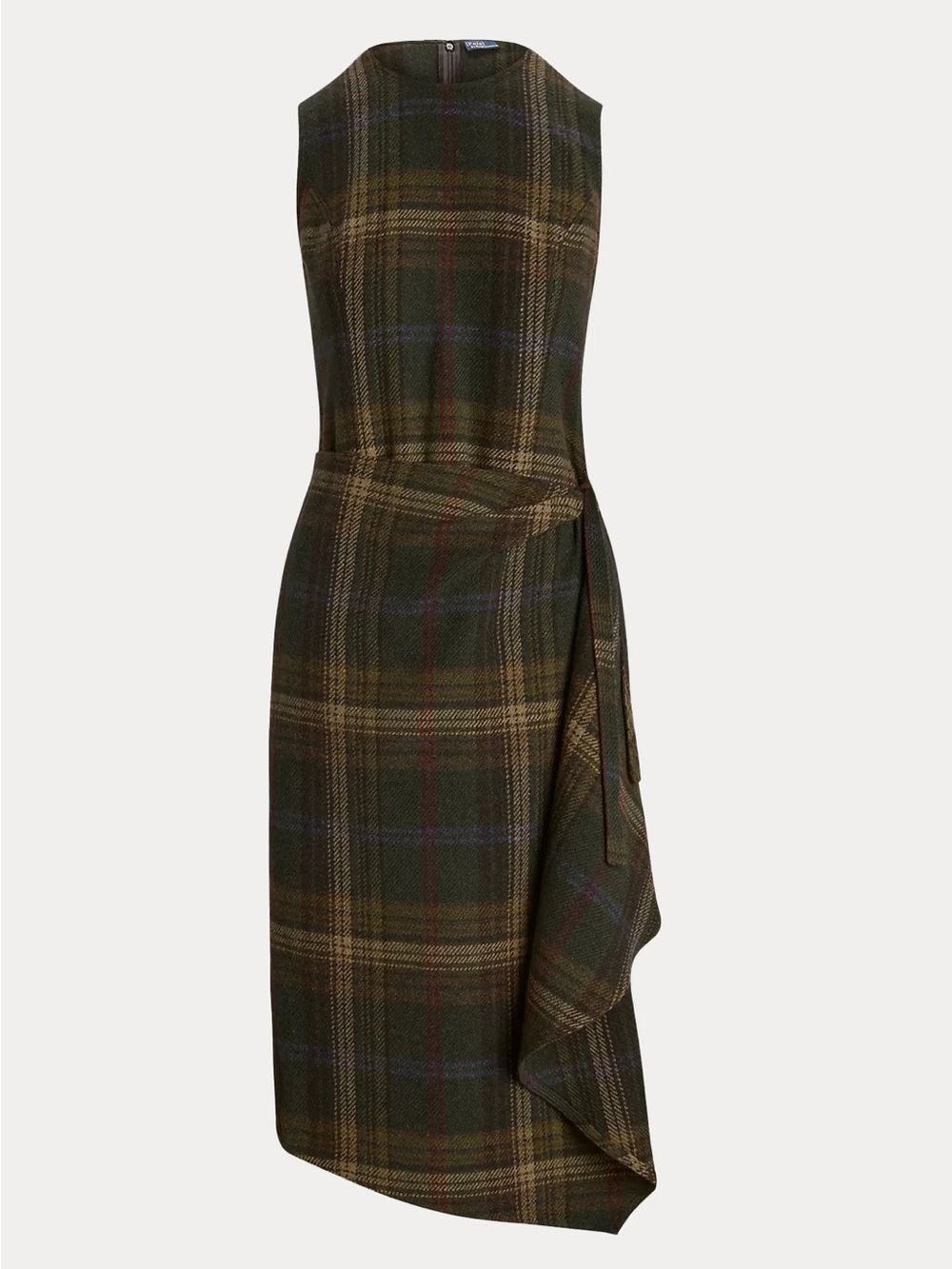 Polo Ralph Lauren Sleeveless Plaid Midi Dress with Side Drape Green NWT